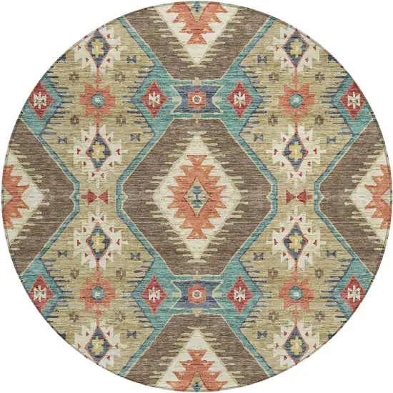 8' Khaki Teal Blue And Copper Round Moroccan Washable Indoor Outdoor Area Rug Photo 1