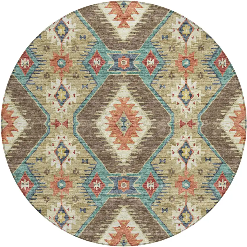 8' Khaki Teal Blue And Copper Round Moroccan Washable Indoor Outdoor Area Rug Photo 1