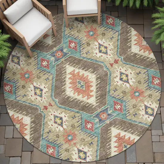 8' Khaki Teal Blue And Copper Round Moroccan Washable Indoor Outdoor Area Rug Photo 8