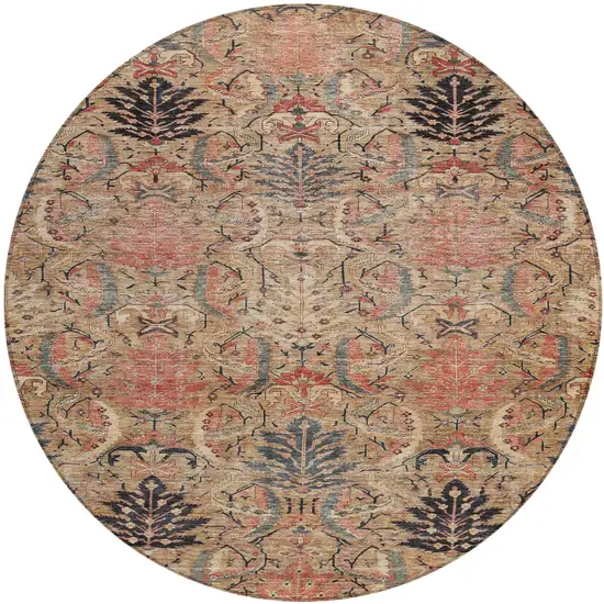 8' Khaki Terra Cotta And Black Round Damask Washable Indoor Outdoor Area Rug Photo 2