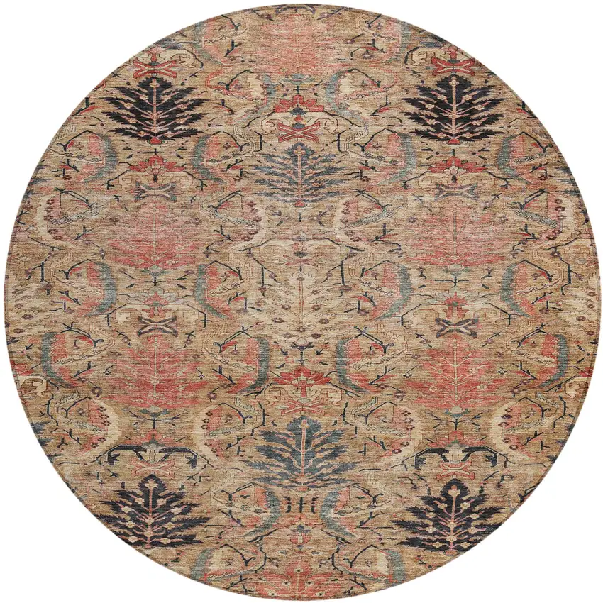 8' Khaki Terra Cotta And Black Round Damask Washable Indoor Outdoor Area Rug Photo 2