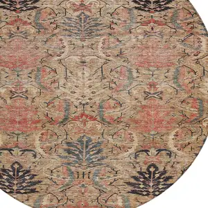 Photo of 8' Khaki Terra Cotta And Black Round Damask Washable Indoor Outdoor Area Rug