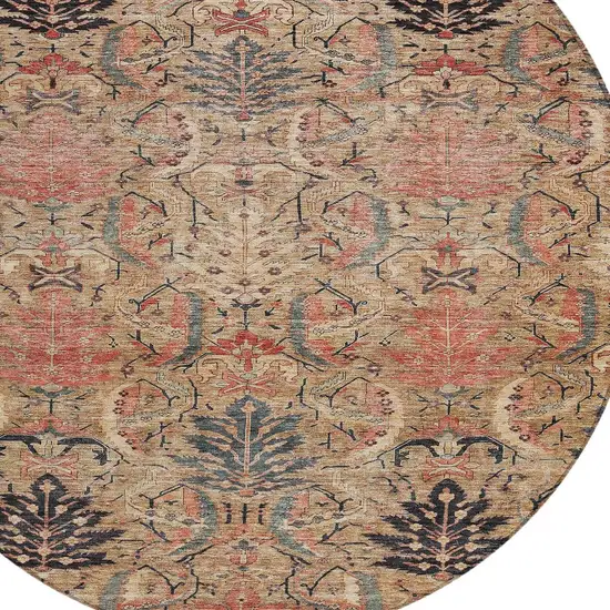 8' Khaki Terra Cotta And Black Round Damask Washable Indoor Outdoor Area Rug Photo 6