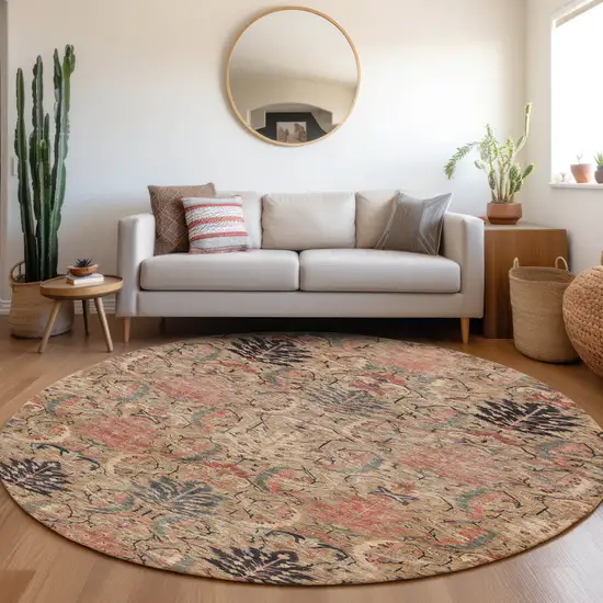 8' Khaki Terra Cotta And Black Round Damask Washable Indoor Outdoor Area Rug Photo 9
