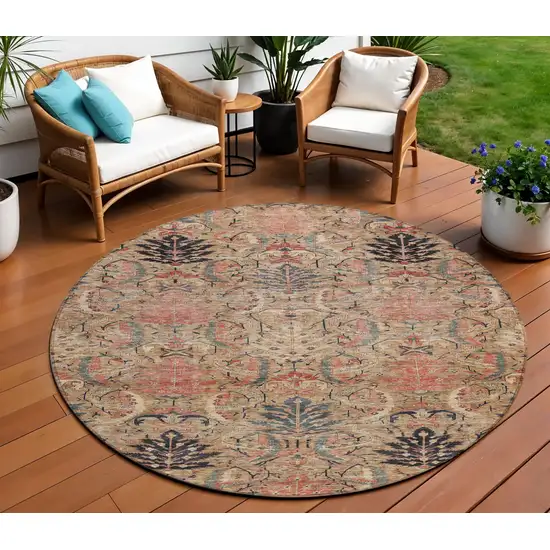 8' Khaki Terra Cotta And Black Round Damask Washable Indoor Outdoor Area Rug Photo 1