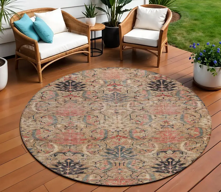 8' Khaki Terra Cotta And Black Round Damask Washable Indoor Outdoor Area Rug Photo 1