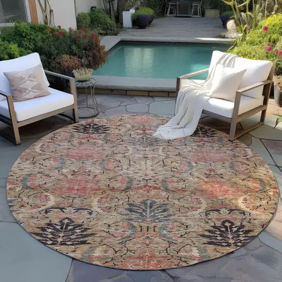 8' Khaki Terra Cotta And Black Round Damask Washable Indoor Outdoor Area Rug Photo 8