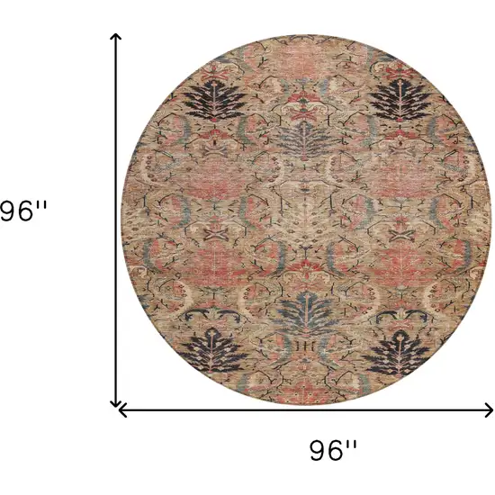 8' Khaki Terra Cotta And Black Round Damask Washable Indoor Outdoor Area Rug Photo 8