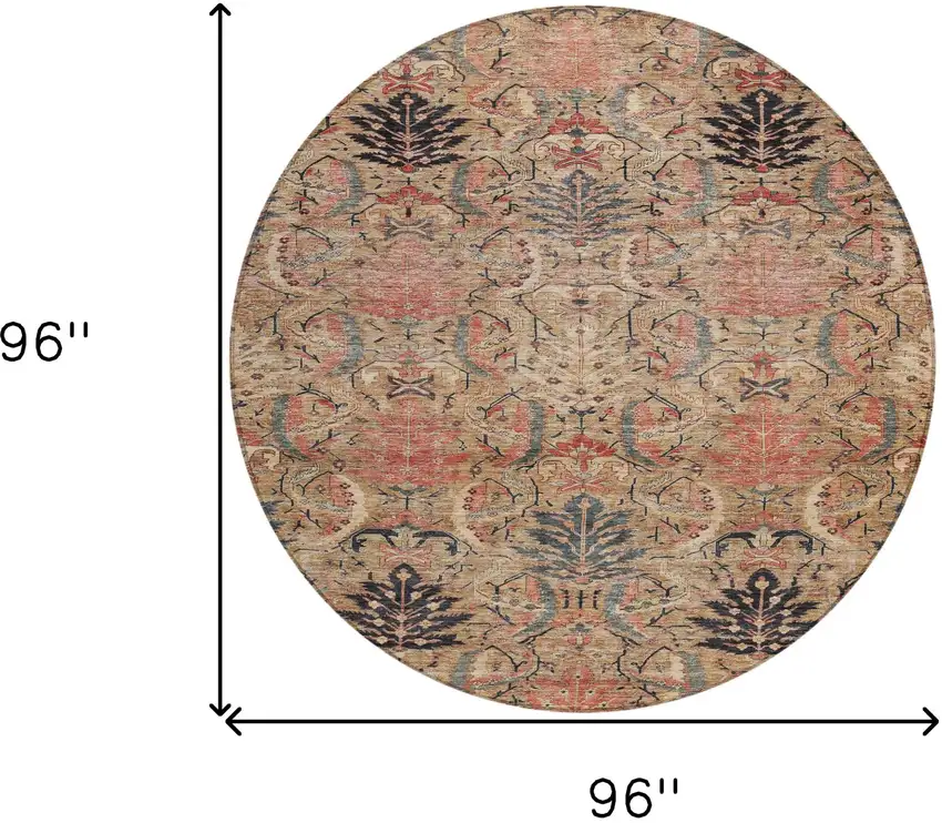 8' Khaki Terra Cotta And Black Round Damask Washable Indoor Outdoor Area Rug Photo 8