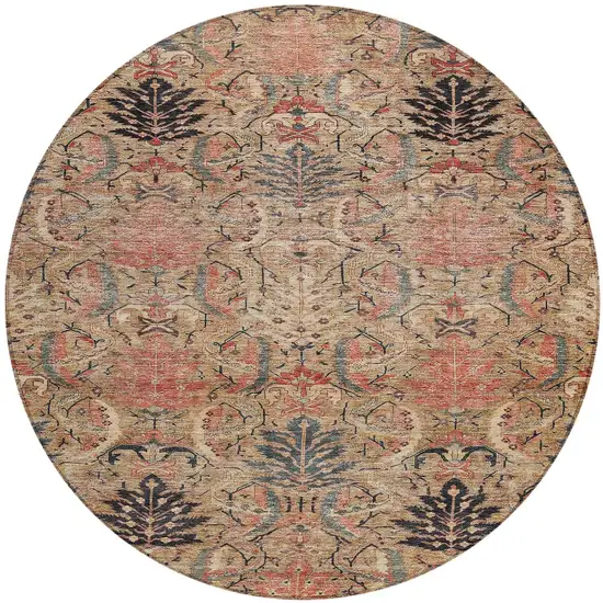 8' Khaki Terra Cotta And Black Round Damask Washable Indoor Outdoor Area Rug Photo 7