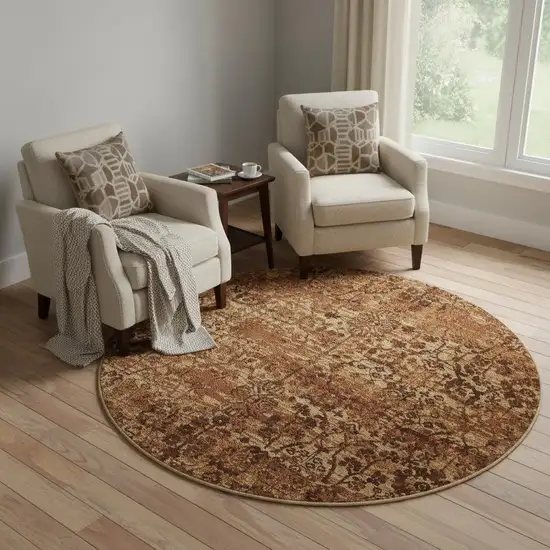 6' Latte And Red Floral Distressed Non Skid Round Rug Photo 1