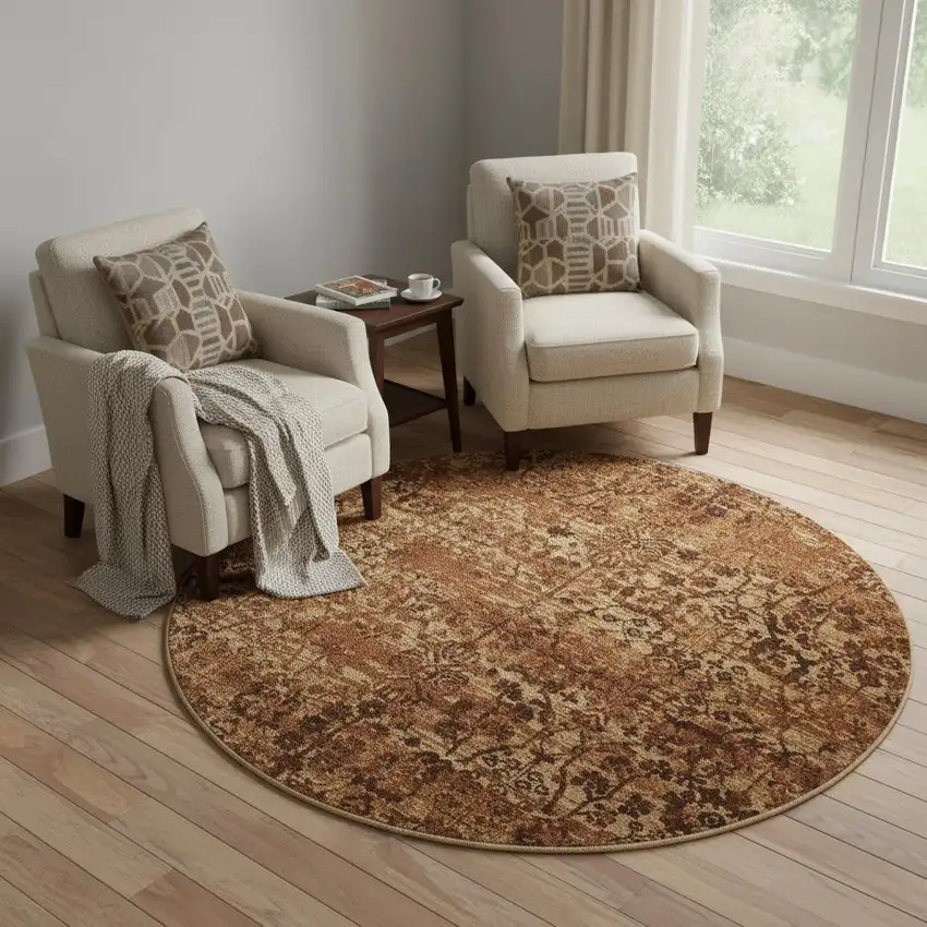 6' Latte And Red Floral Distressed Non Skid Round Rug Photo 1