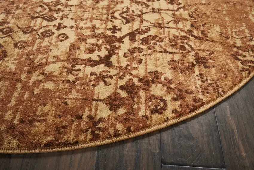 6' Latte And Red Floral Distressed Non Skid Round Rug Photo 7