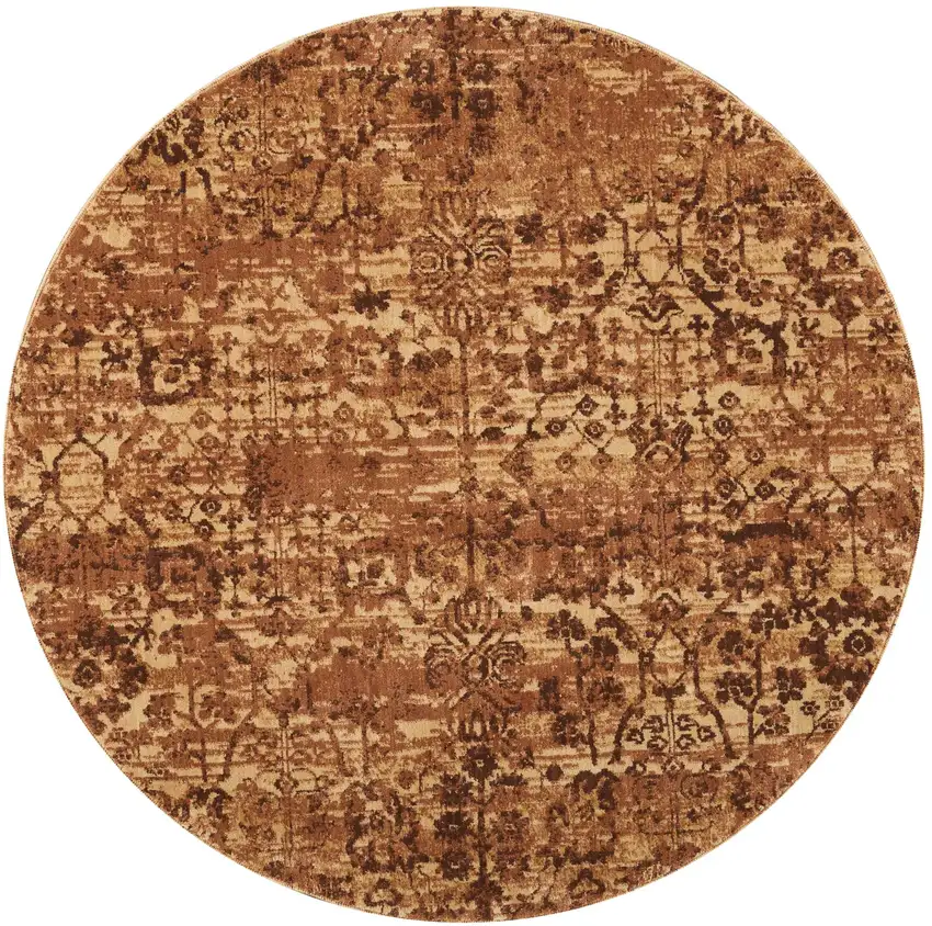 6' Latte And Red Floral Distressed Non Skid Round Rug Photo 4