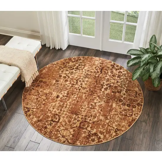 6' Latte And Red Floral Distressed Non Skid Round Rug Photo 5