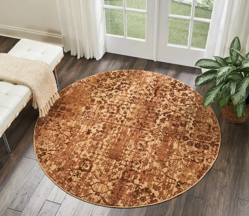 6' Latte And Red Floral Distressed Non Skid Round Rug Photo 5
