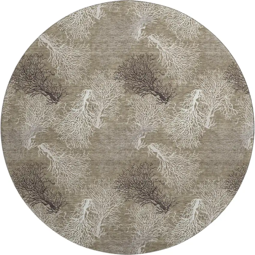 8' Latte Ivory And Gray Geometric Washable Round Rug With UV Protection Photo 1