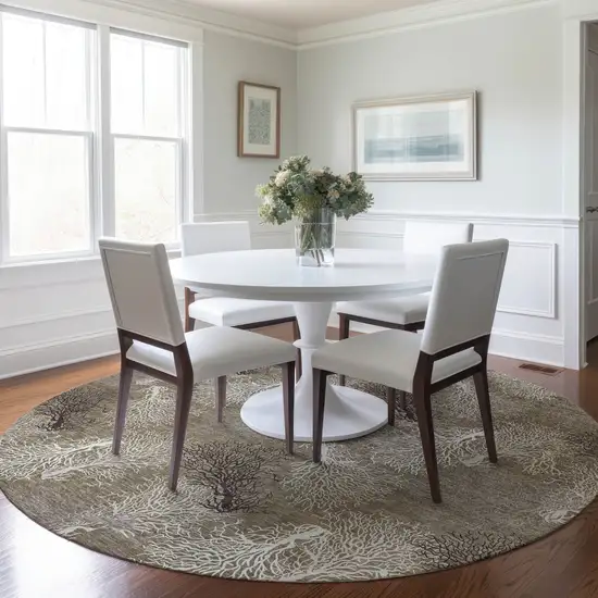 8' Latte Ivory And Gray Geometric Washable Round Rug With UV Protection Photo 3