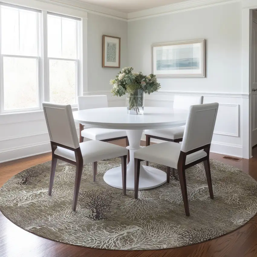 8' Latte Ivory And Gray Geometric Washable Round Rug With UV Protection Photo 3