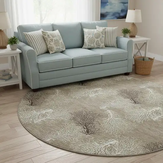 8' Latte Ivory And Gray Geometric Washable Round Rug With UV Protection Photo 2