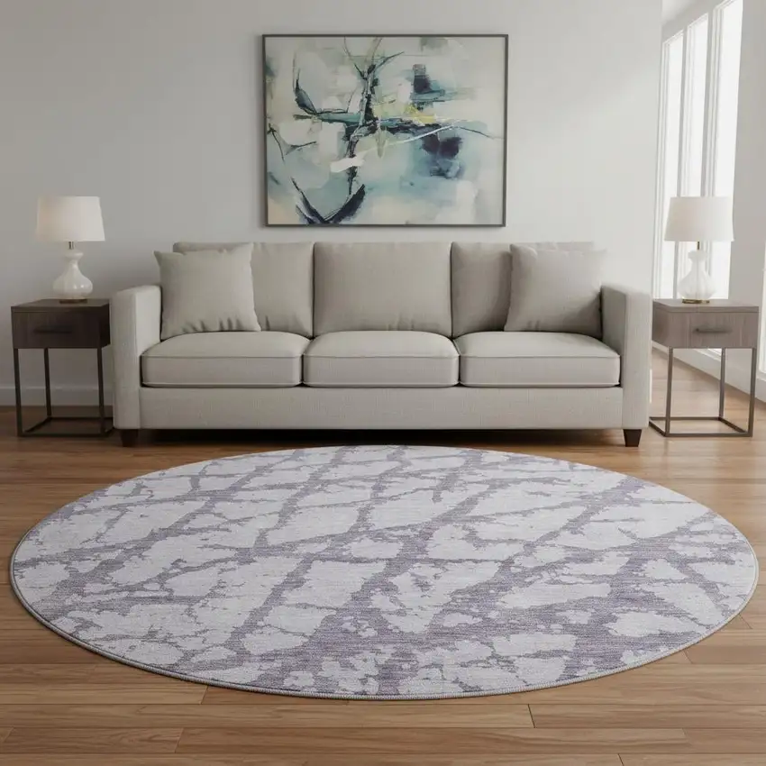 8' Lavender And Beige Abstract Washable Round Rug With UV Protection Photo 2