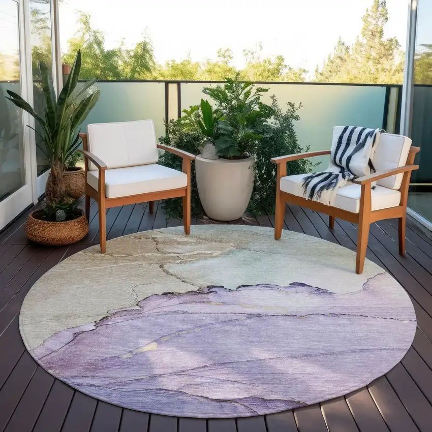8' Lavender And Beige Round Abstract Washable Indoor Outdoor Area Rug Photo 4