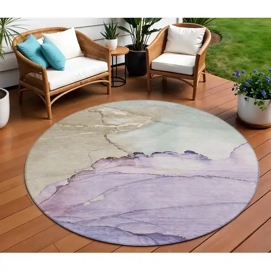 8' Lavender And Beige Round Abstract Washable Indoor Outdoor Area Rug Photo 2