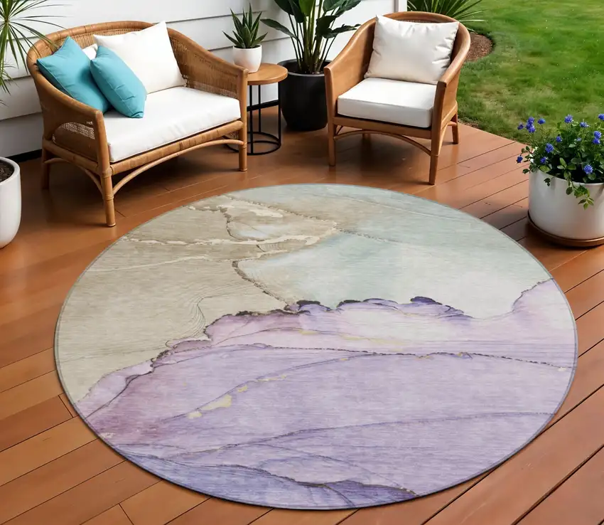 8' Lavender And Beige Round Abstract Washable Indoor Outdoor Area Rug Photo 2