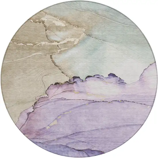 8' Lavender And Beige Round Abstract Washable Indoor Outdoor Area Rug Photo 1
