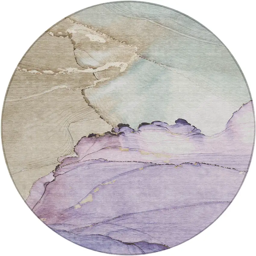 8' Lavender And Beige Round Abstract Washable Indoor Outdoor Area Rug Photo 1