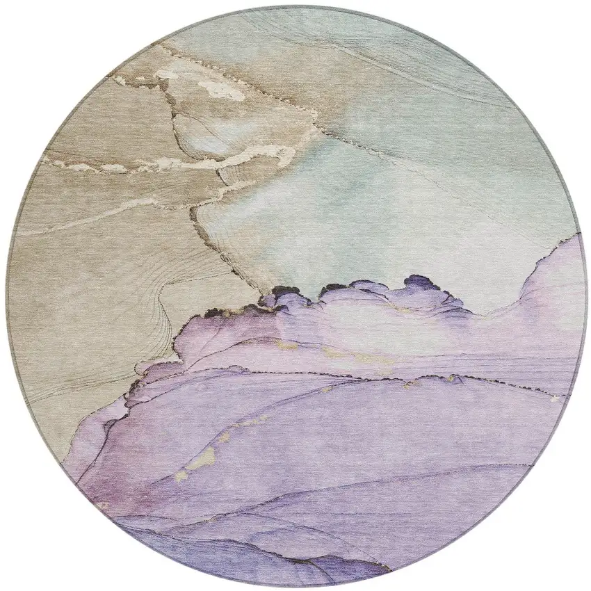 8' Lavender And Beige Round Abstract Washable Indoor Outdoor Area Rug Photo 3