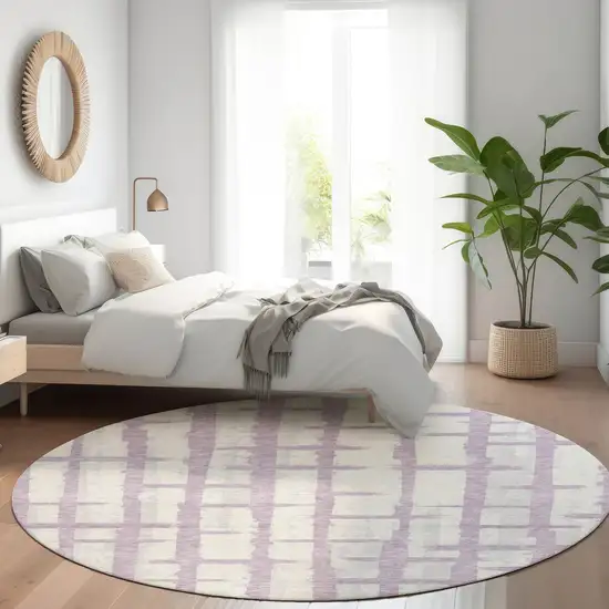 8' Lavender And Beige Striped Washable Round Rug With UV Protection Photo 5
