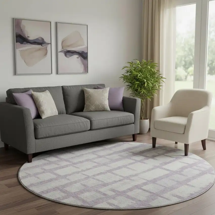 8' Lavender And Beige Striped Washable Round Rug With UV Protection Photo 1