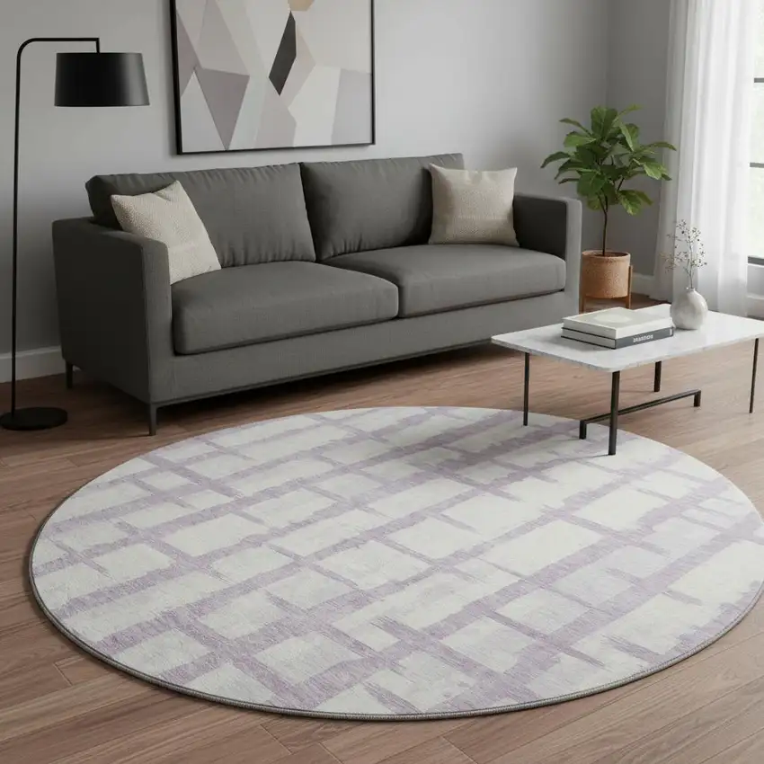 8' Lavender And Beige Striped Washable Round Rug With UV Protection Photo 2