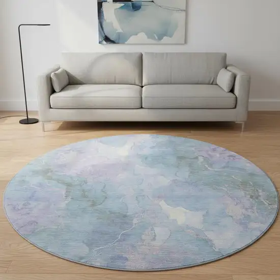 8' Lavender And Blue Abstract Washable Round Rug With UV Protection Photo 2