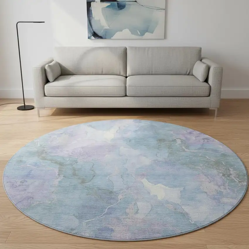 8' Lavender And Blue Abstract Washable Round Rug With UV Protection Photo 2
