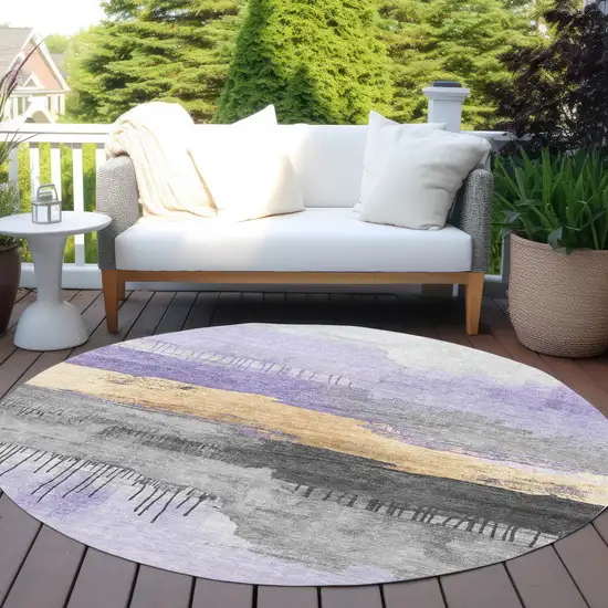 8' Lavender And Charcoal Round Abstract Washable Indoor Outdoor Area Rug Photo 5