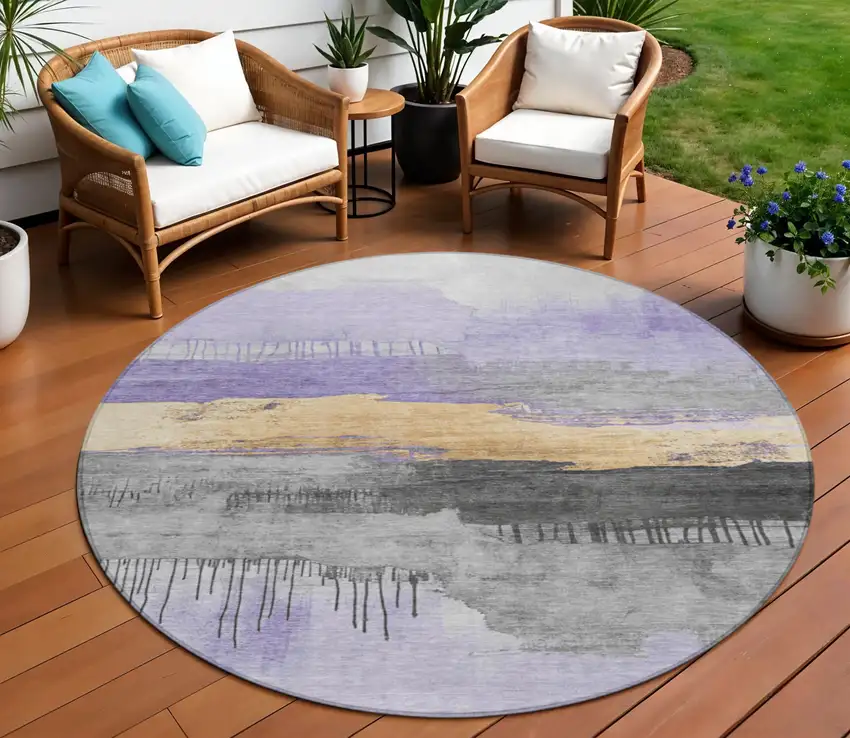8' Lavender And Charcoal Round Abstract Washable Indoor Outdoor Area Rug Photo 2