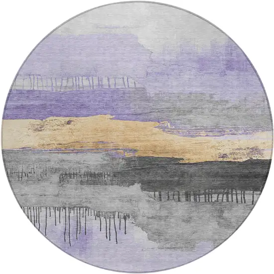 8' Lavender And Charcoal Round Abstract Washable Indoor Outdoor Area Rug Photo 1