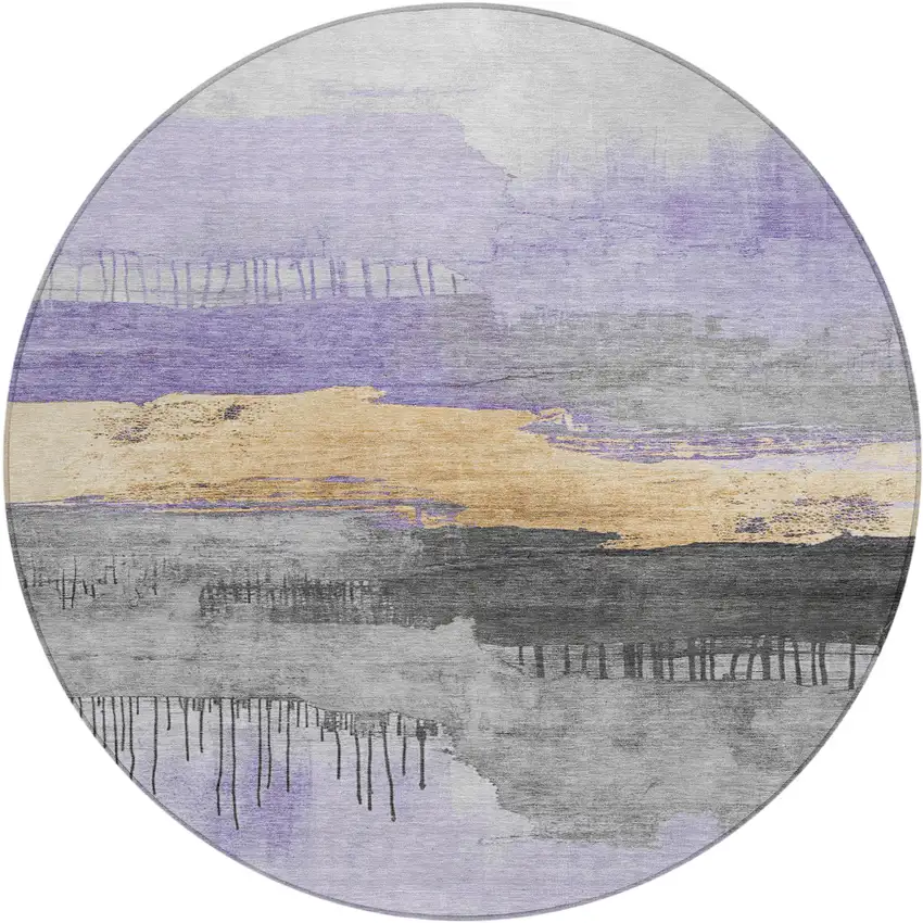8' Lavender And Charcoal Round Abstract Washable Indoor Outdoor Area Rug Photo 1