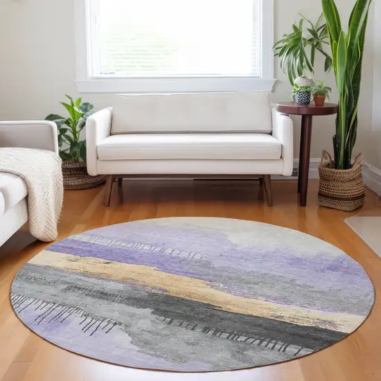8' Lavender And Charcoal Round Abstract Washable Indoor Outdoor Area Rug Photo 6