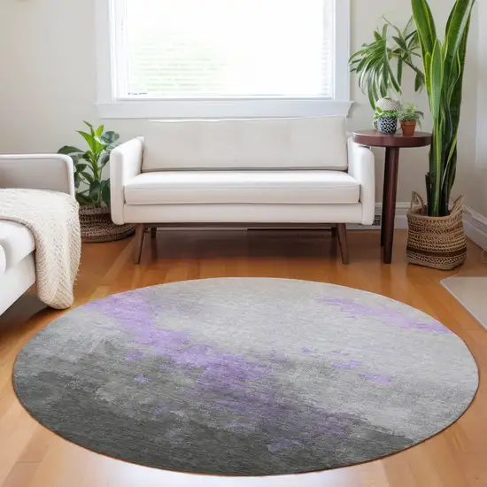 8' Lavender And Charcoal Round Abstract Washable Indoor Outdoor Area Rug Photo 6