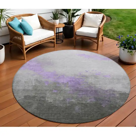 8' Lavender And Charcoal Round Abstract Washable Indoor Outdoor Area Rug Photo 2