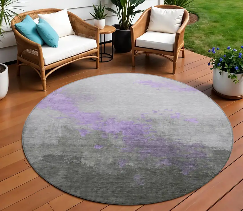 8' Lavender And Charcoal Round Abstract Washable Indoor Outdoor Area Rug Photo 2