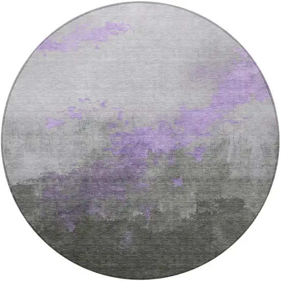8' Lavender And Charcoal Round Abstract Washable Indoor Outdoor Area Rug Photo 3