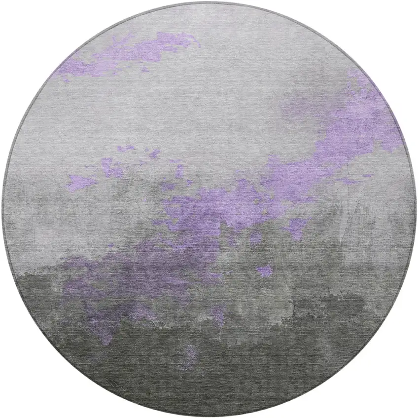 8' Lavender And Charcoal Round Abstract Washable Indoor Outdoor Area Rug Photo 3