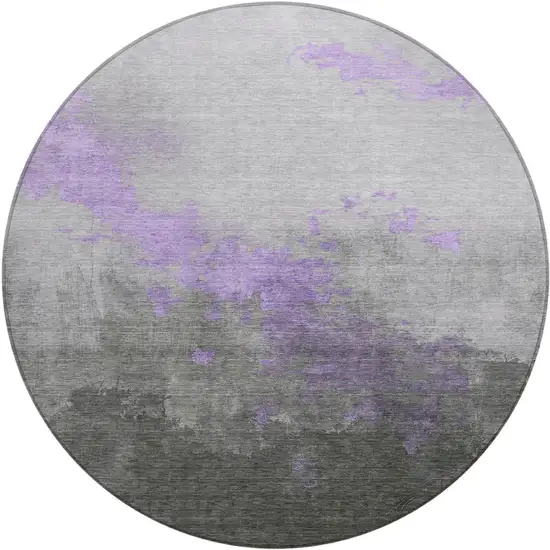 8' Lavender And Charcoal Round Abstract Washable Indoor Outdoor Area Rug Photo 1