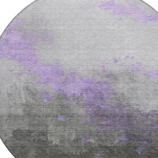 8' Lavender And Charcoal Round Abstract Washable Indoor Outdoor Area Rug Photo 4