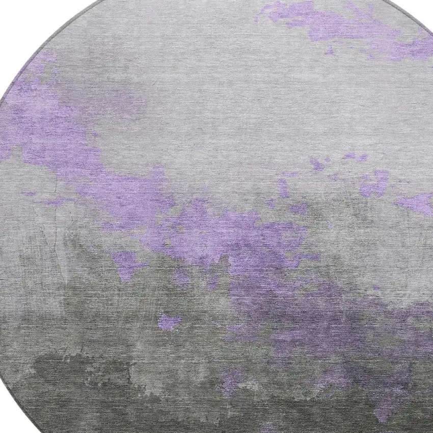 8' Lavender And Charcoal Round Abstract Washable Indoor Outdoor Area Rug Photo 4