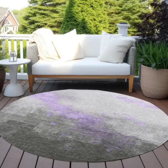 8' Lavender And Charcoal Round Abstract Washable Indoor Outdoor Area Rug Photo 5
